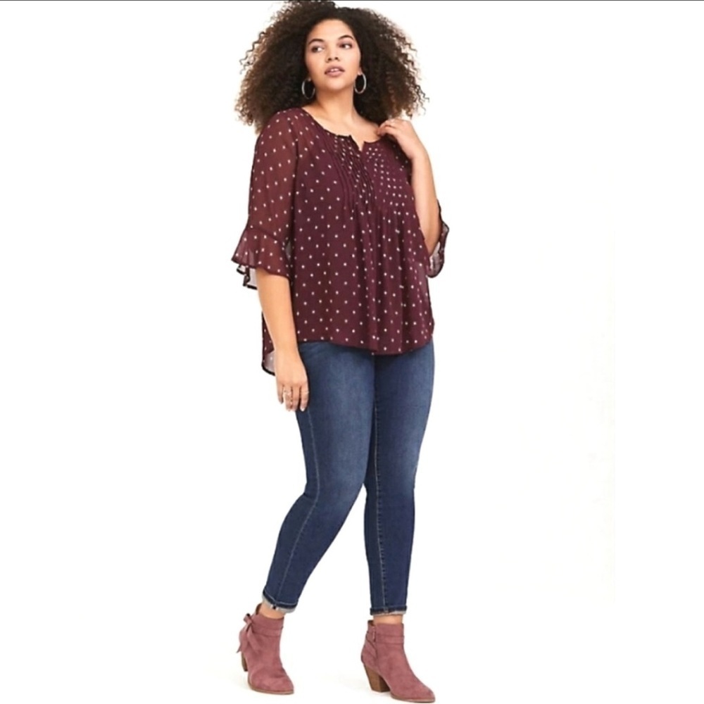 Torrid Pintuck Chiffon Burgundy Dot Star Peasant Sheer Blouse Women Plus Size 4 - Picture 4 of 17